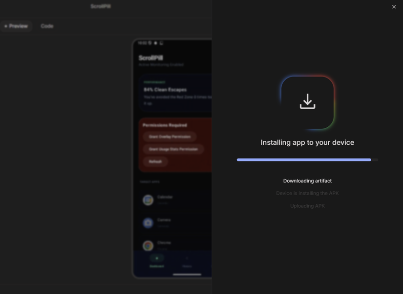 Installing the ScrollPill app on a real device from Google AI Studio.