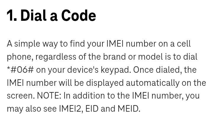 Instructions on dialing an IMEI code on a phone.
