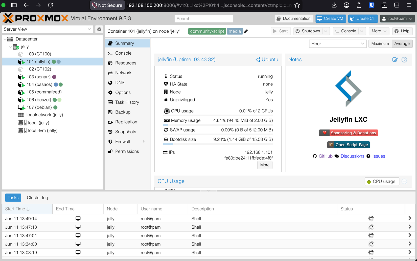 Jellyfin container running my Proxmox.