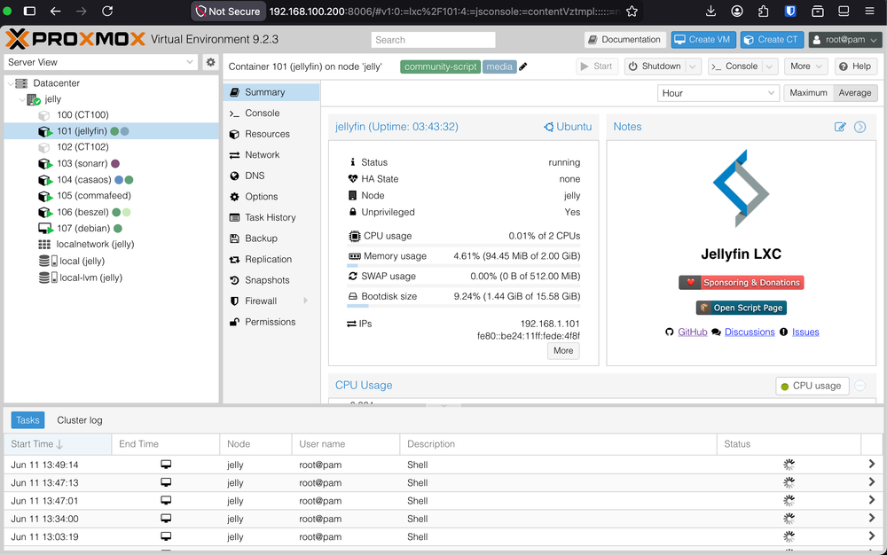 A Jellyfin container running alongside other services on Proxmox