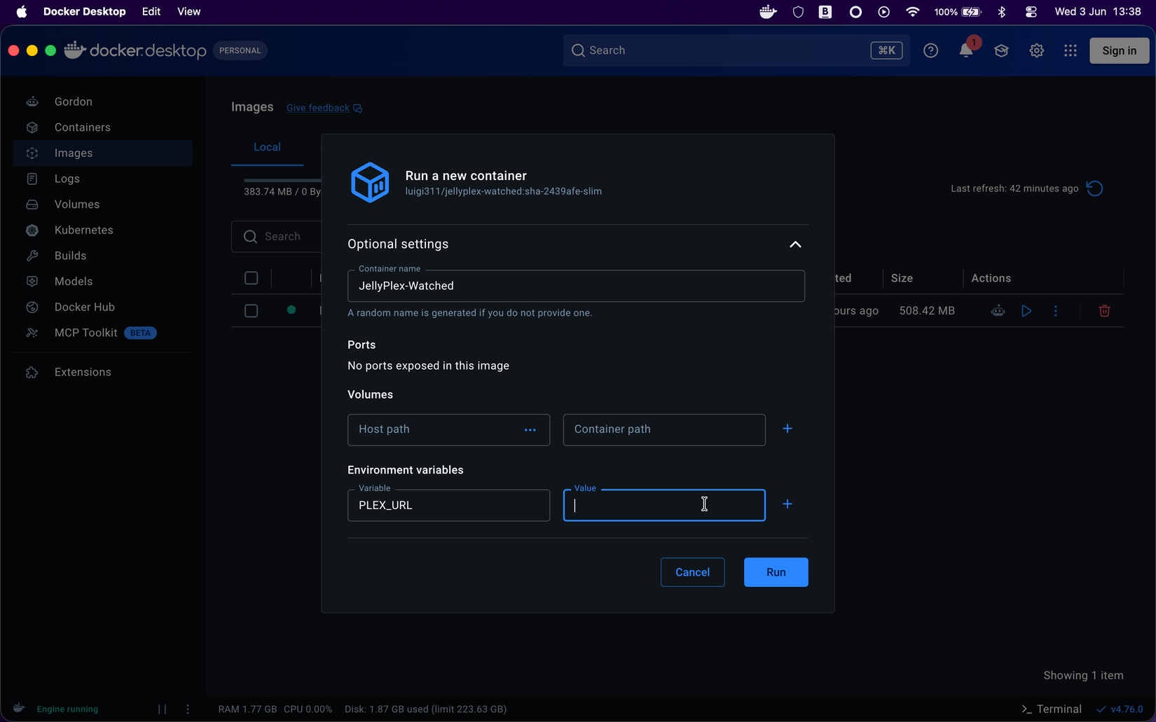 JellyPlex-Watched running in Docker.