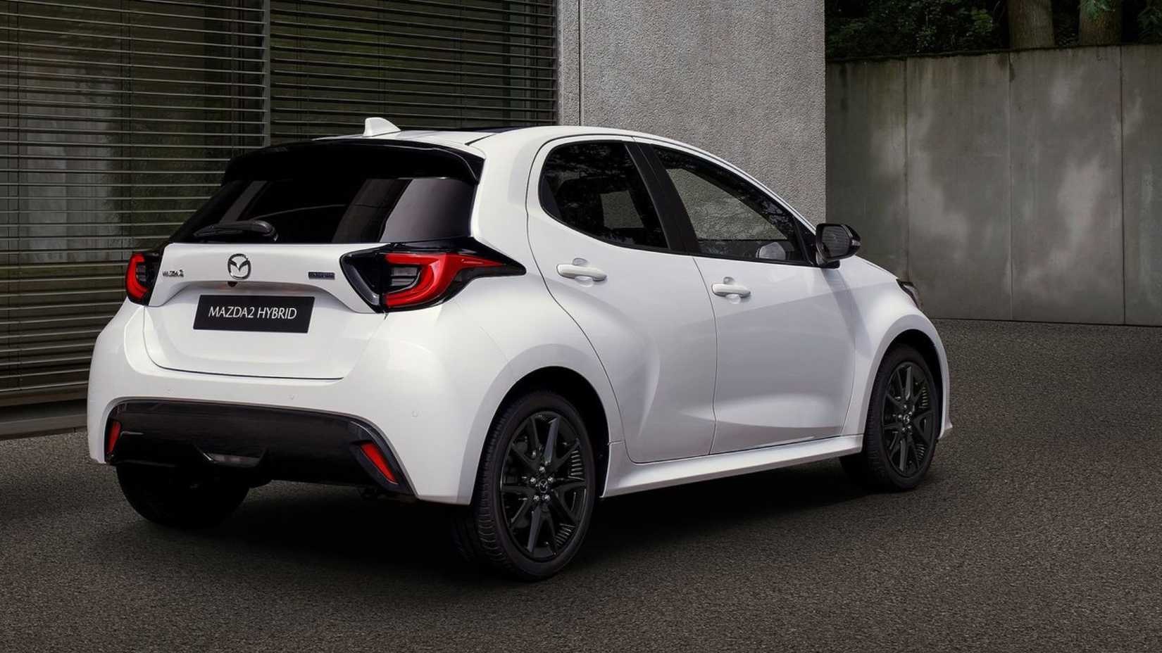 Static rear 3/4 shot of a 2024 Mazda 2 Hybrid.