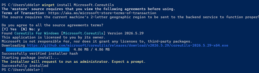 Installation of Microsoft coreutils in PowerShell with winget.