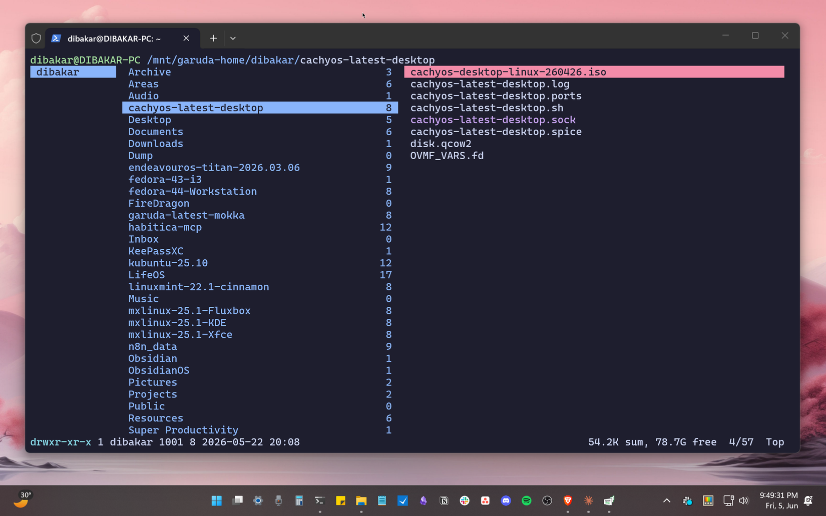 Midnight Commander file manager inside WSL showing the Garuda Linux home directory with the dibakar user folder and its contents.