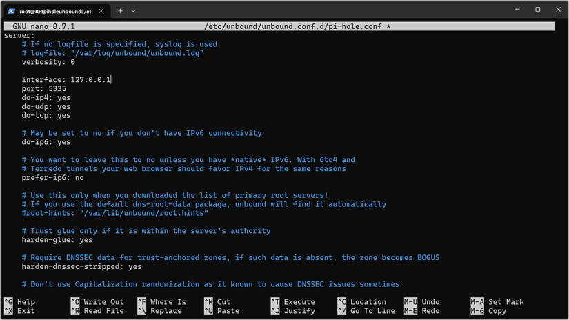 The Pi-hole Unbound configuration file opens in Nano. 