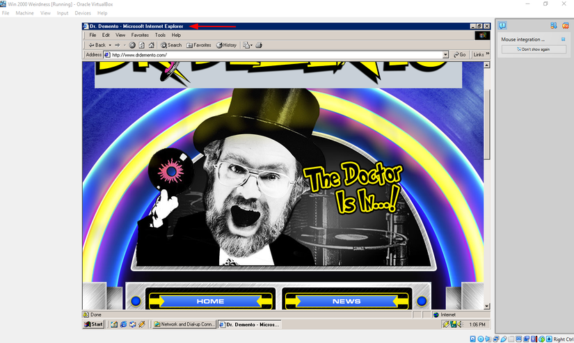 Navigating Dr Demento's Website in Internet Explorer 5 on VirtualBox.