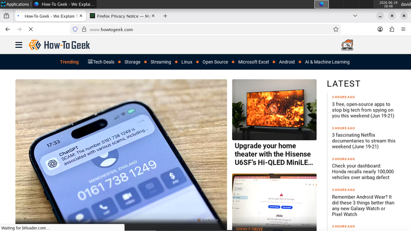 NetBSD Xfce desktop with Firefox open to HTG homepage.