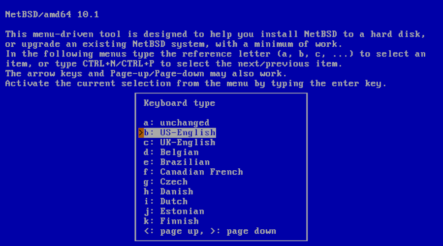 NetBSD installation menu language selection.
