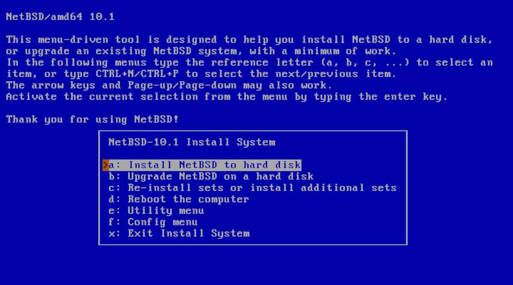 NetBSD installation menu.