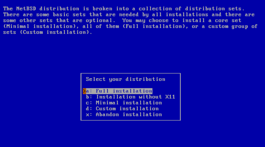 NetBSD isntallation menu installation type selection menu.