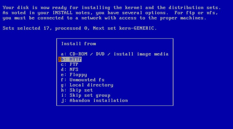 NetBSD installation software selection.