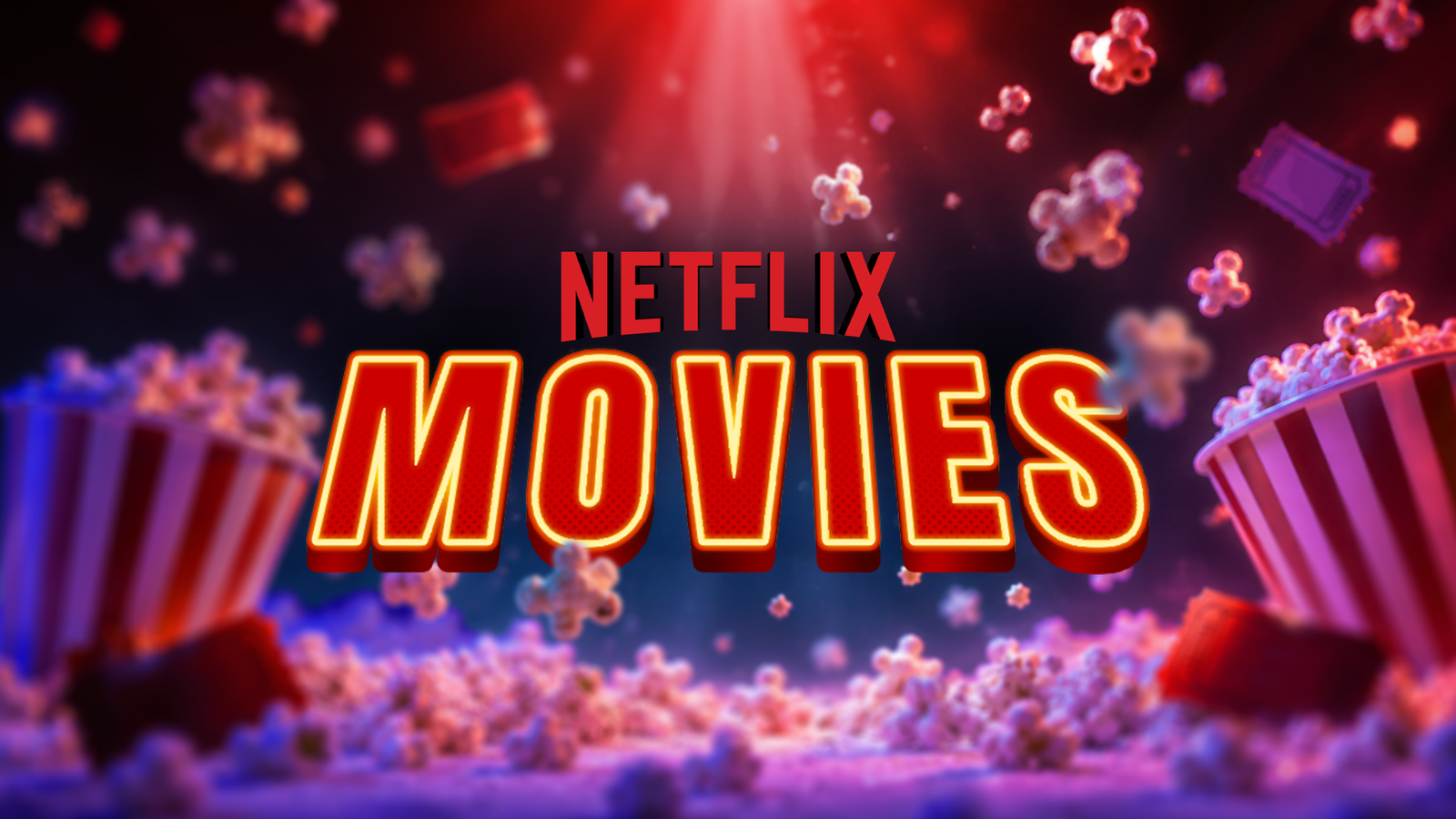 Netflix Movies graphic with popcorn, movie tickets, and theater-style lighting.