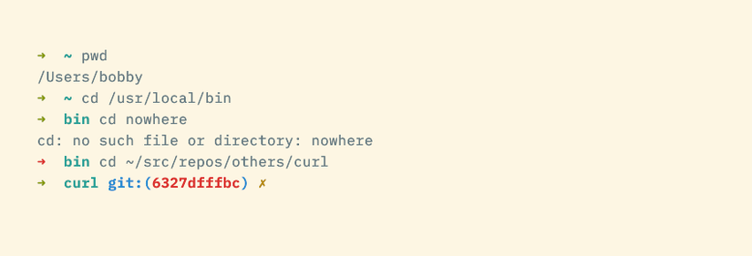 A terminal prompt showing features like last command status and git repository info.