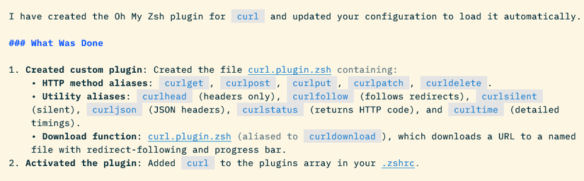 Antigravity CLI explaining that it has created a plugin with aliases including curlget, curlhead, and curljson plus a download function, curldownload.