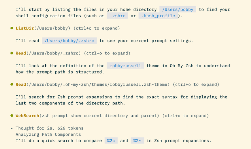 Antigravity CLI explaining that it's reading ~/.zshrc, checking an Oh My Zsh theme file, and running a web search.