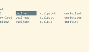 A menu of command completions beginning with "curl," with one command highlighted: curlget.