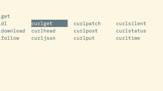 A menu of command completions beginning with "curl," with one command highlighted: curlget.
