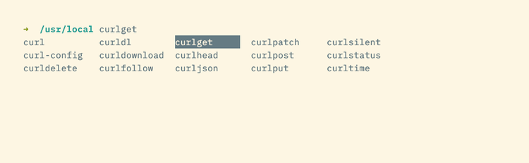 A menu of command completions beginning with "curl," with one command highlighted: curlget.