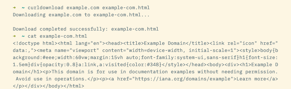 A curldownload command saving the response from a remote URL.