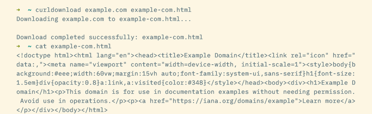 A curldownload command saving the response from a remote URL.