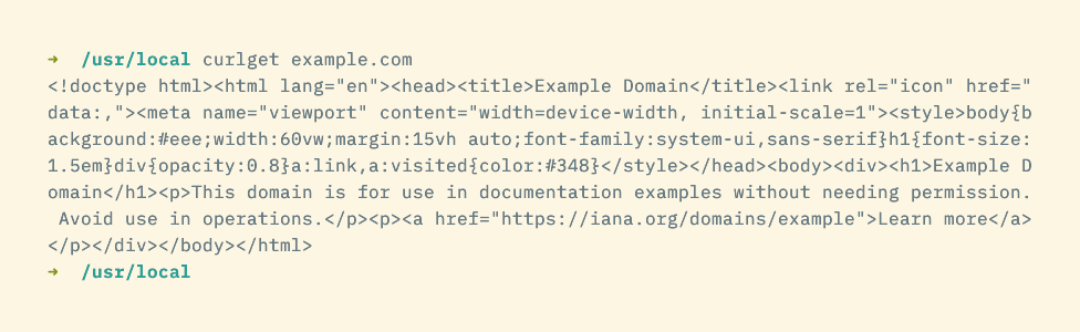 The result from a curlget command shows the contents of a remote URL.