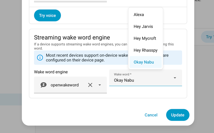 openWakeWord option inside of Home Assistant voice assistant settings.