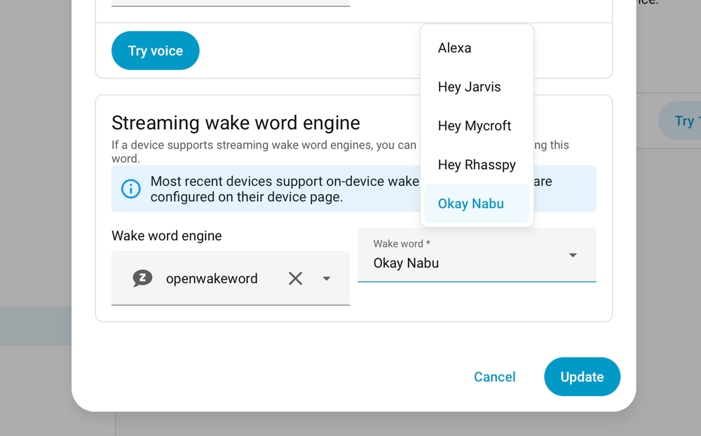 OpenWakeWord options in Home Assistant voice assistant settings