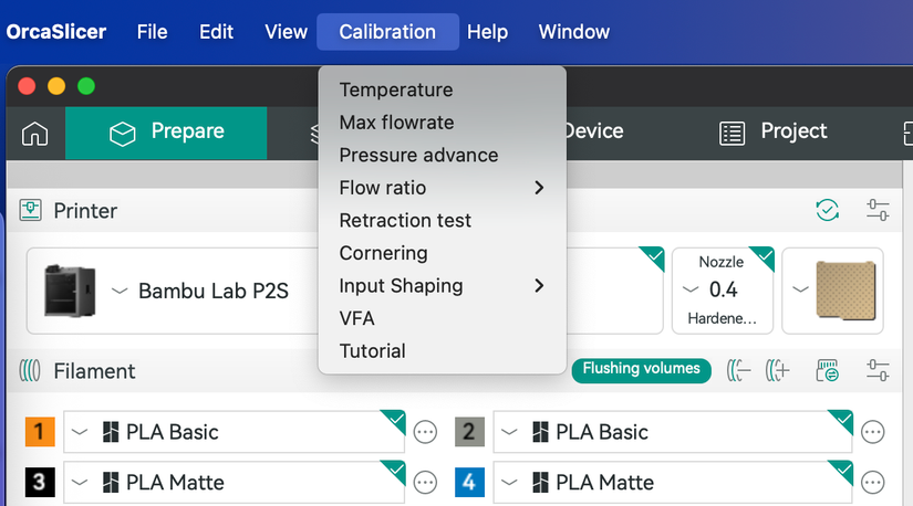 OrcaSlicer's calibration menu.