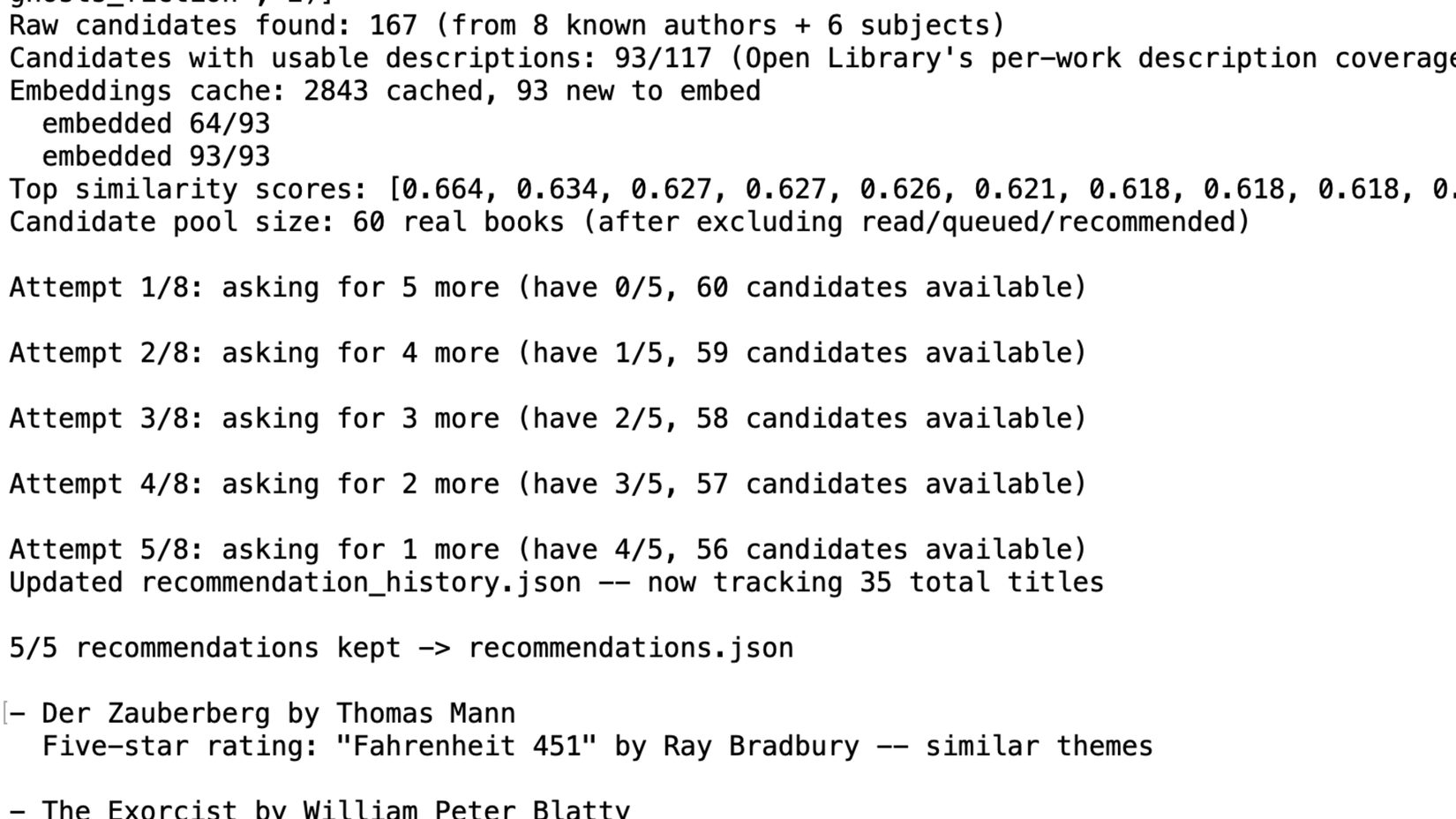 Personal librarian script showing the full recommendation run with 167 candidates and 5 final recommendations.
