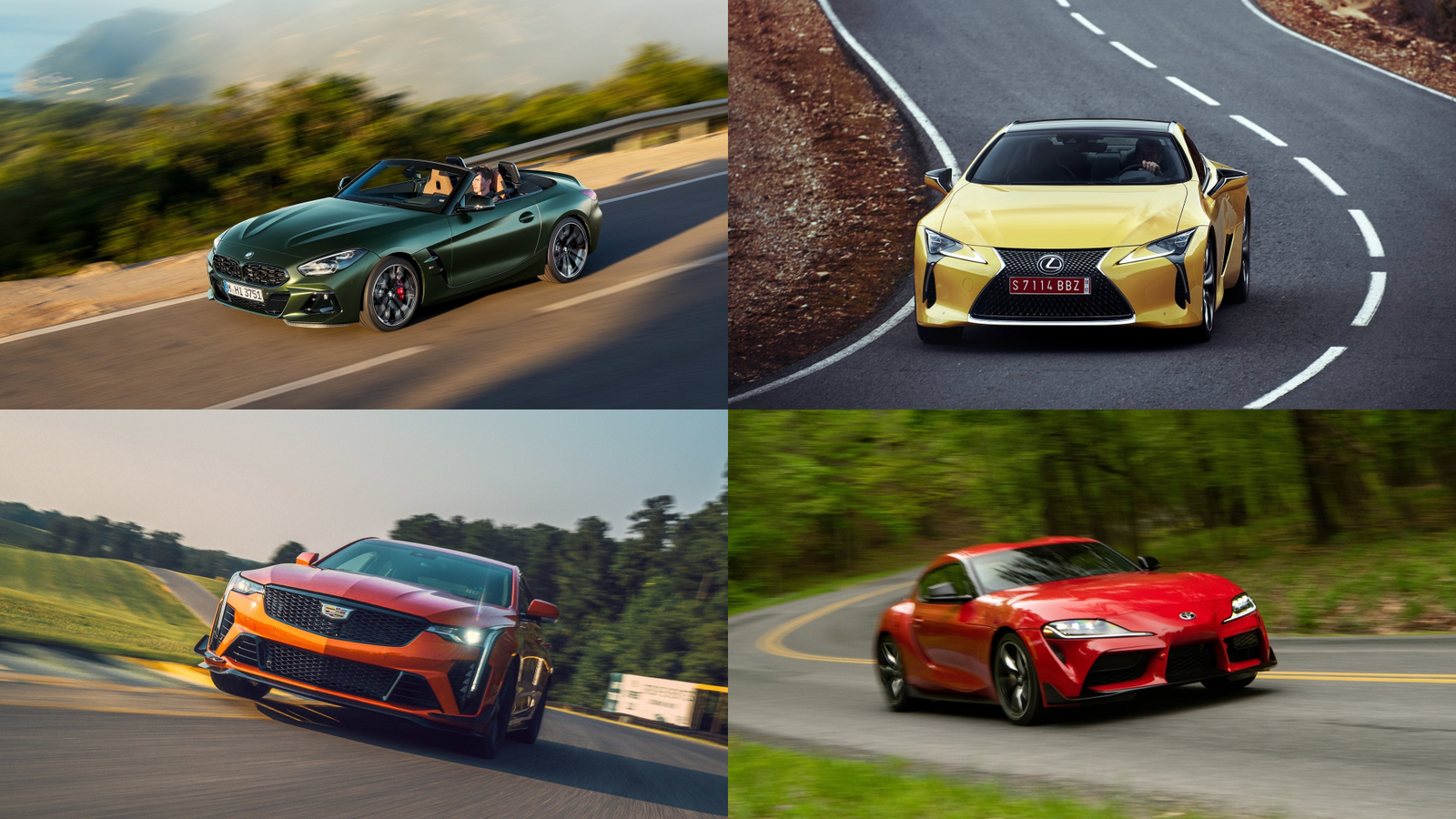 Collage of the 2026 BMW Z4, 2026 Toyota GR Supra, 2026 Cadillac CT4-V Blackwing, and 2026 Lexus LC
