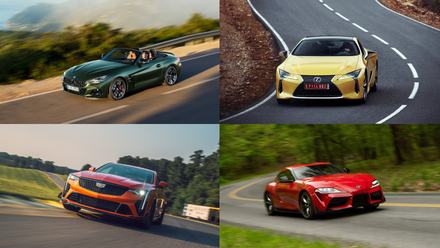 Collage of the 2026 BMW Z4, 2026 Toyota GR Supra, 2026 Cadillac CT4-V Blackwing, and 2026 Lexus LC