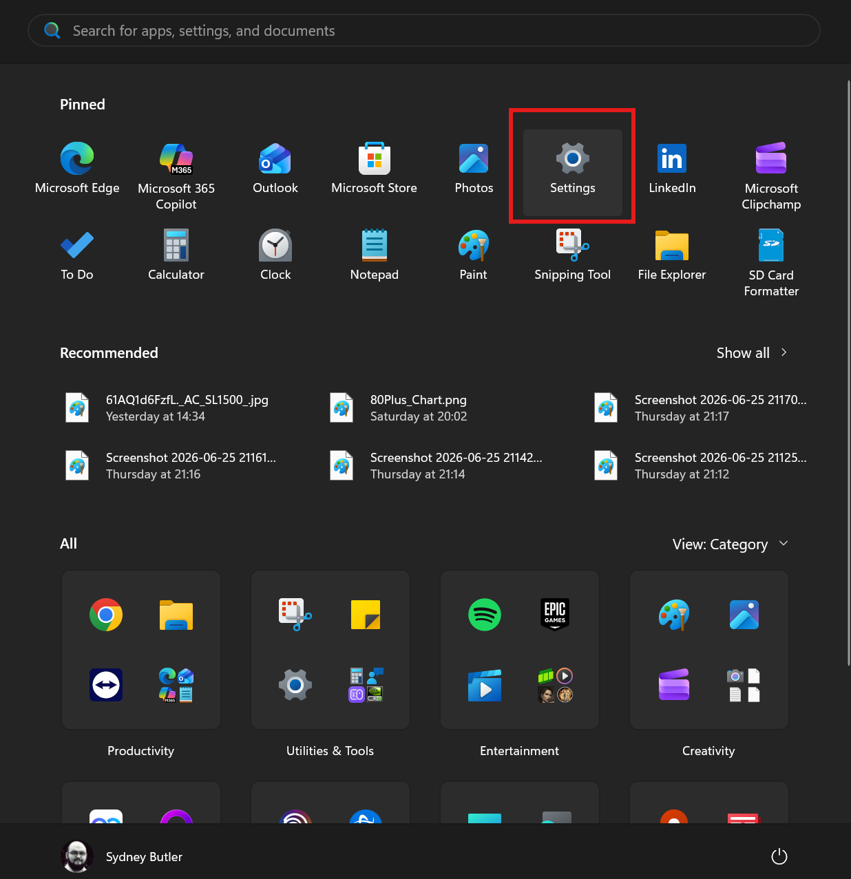 Windows 11 Start menu with the Settings app highlighted, showing the first step to access system power management settings.