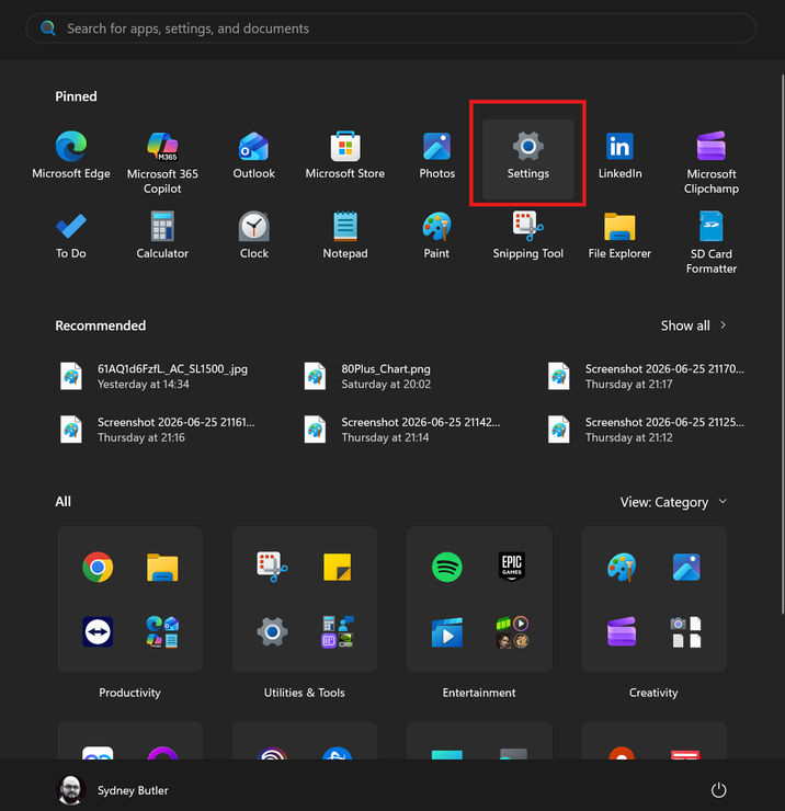 Windows 11 Start menu with the Settings app highlighted, showing the first step to access system power management settings.