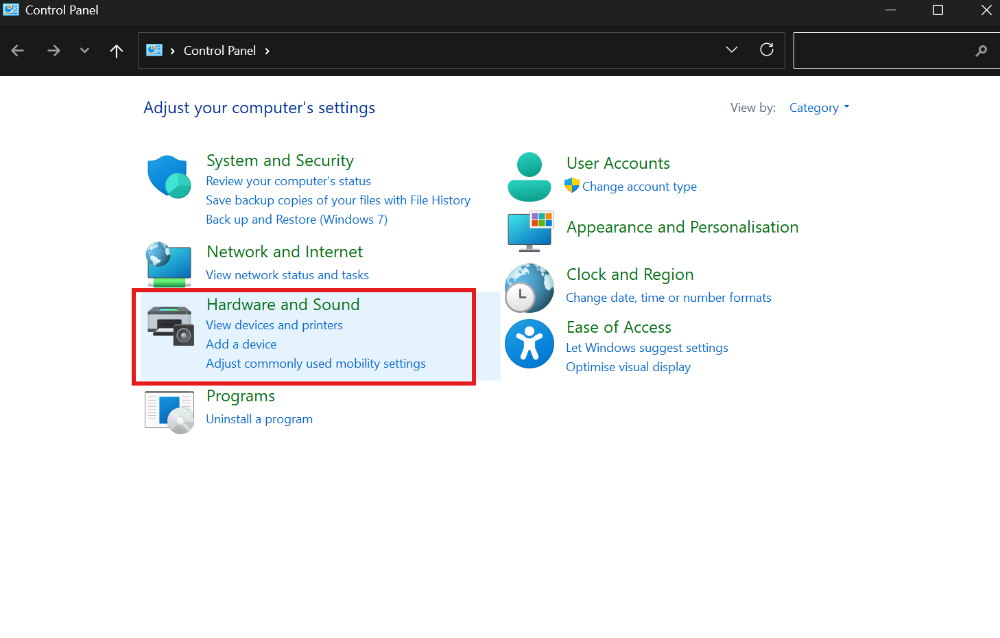 Windows Control Panel home screen with Hardware and Sound highlighted, showing the navigation path to advanced power plan settings.