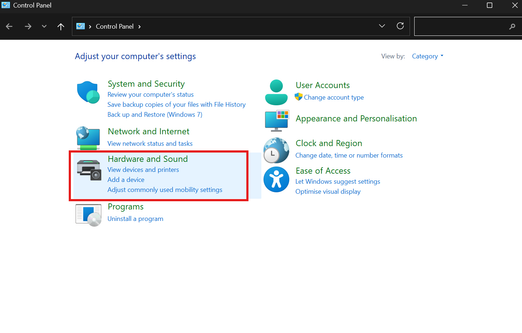 Windows Control Panel home screen with Hardware and Sound highlighted, showing the navigation path to advanced power plan settings.