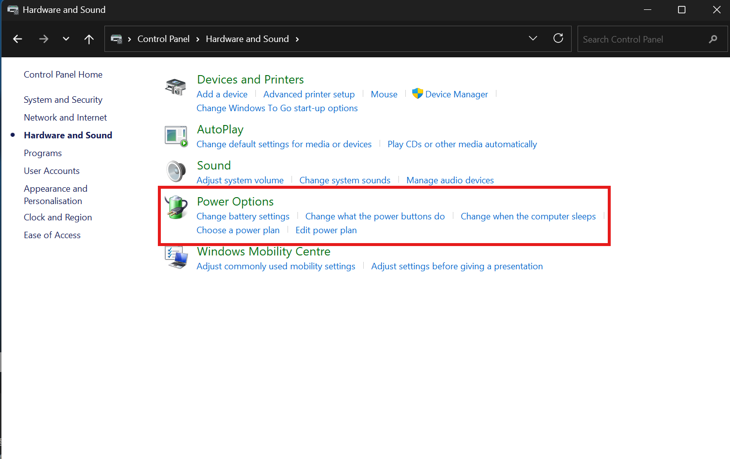 Control Panel's Hardware and Sound section with Power Options highlighted, showing where to open Windows power plans.