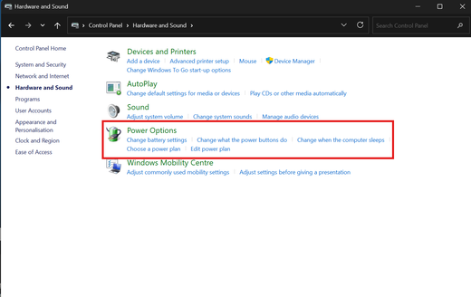 Control Panel's Hardware and Sound section with Power Options highlighted, showing where to open Windows power plans.