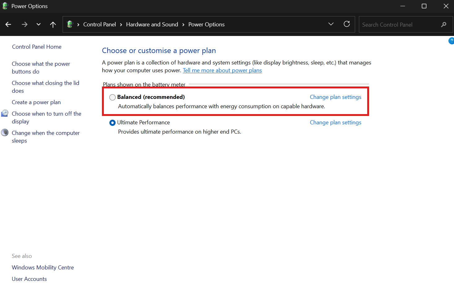 Windows Power Options window displaying available power plans, with the Balanced plan highlighted and the Ultimate Performance plan selected below it.