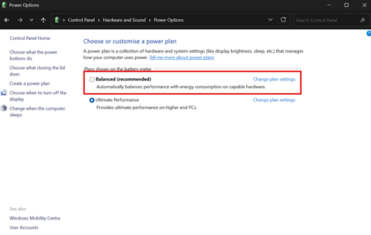 Windows Power Options window displaying available power plans, with the Balanced plan highlighted and the Ultimate Performance plan selected below it.