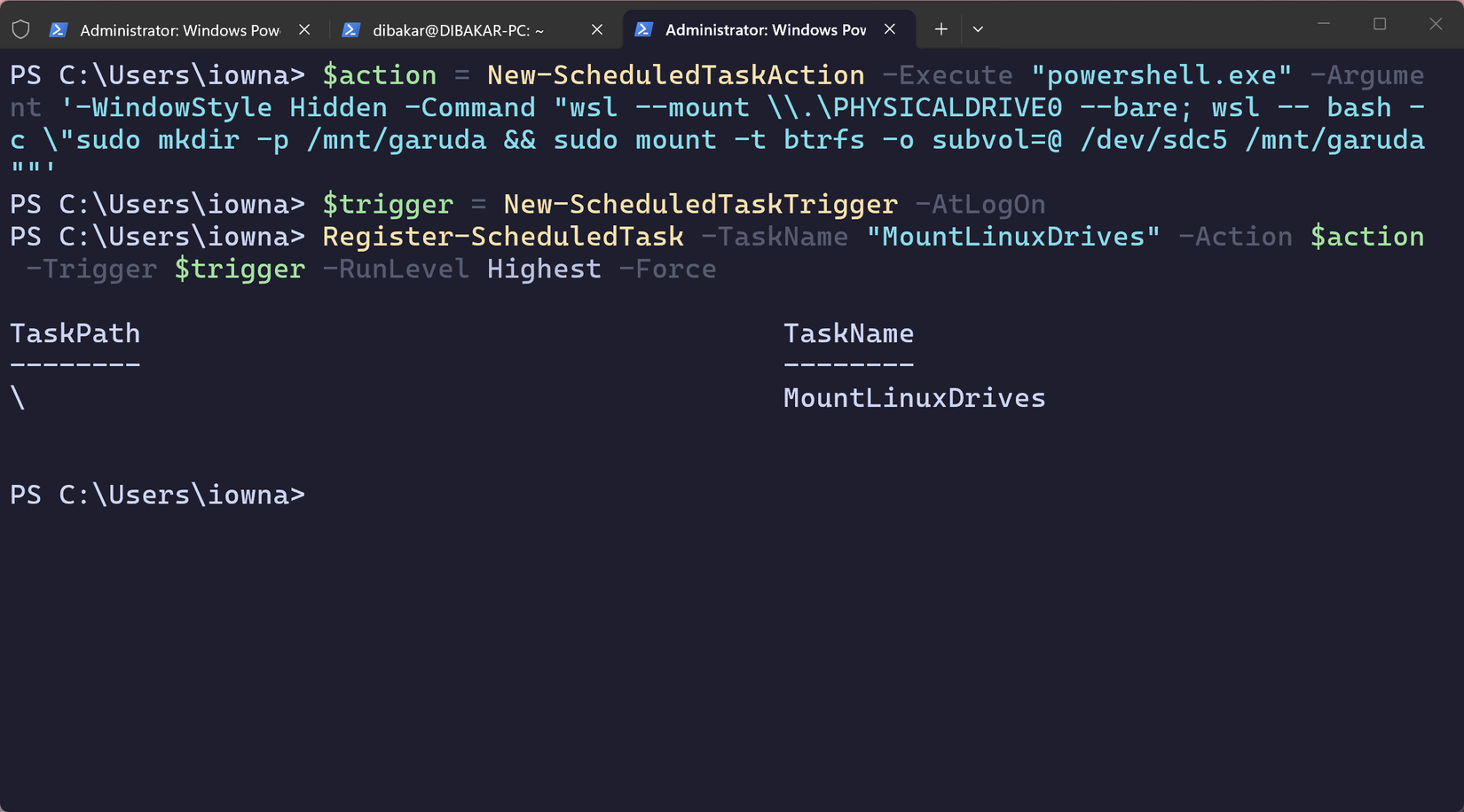 PowerShell admin terminal showing New-ScheduledTaskAction and Register-ScheduledTask commands creating the MountLinuxDrives task at logon.