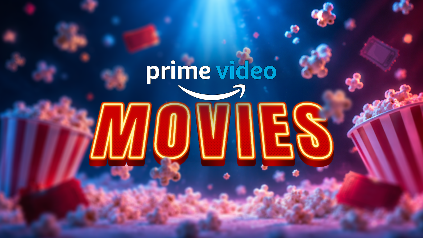 Prime Video Movies graphic with popcorn, movie tickets, and theater-style lighting.-1