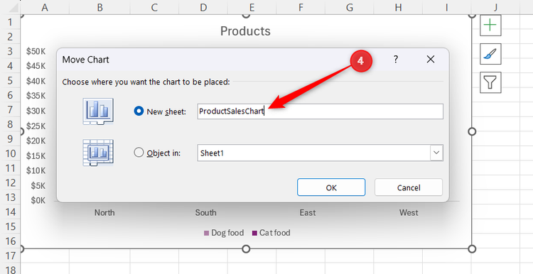 ProductSalesChart is entered into the New Sheet text box field within Excel's Move Chart dialog.