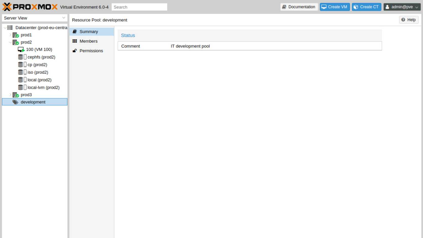 Proxmox VE web interface resource pool summary screen