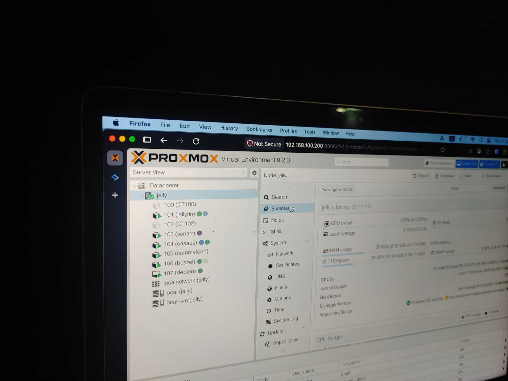 Proxmox web page opened in Firefox.