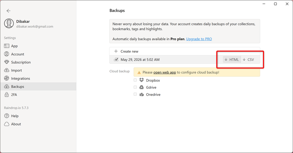 Raindrop.io offers backup and export options for maintaining organized bookmarks