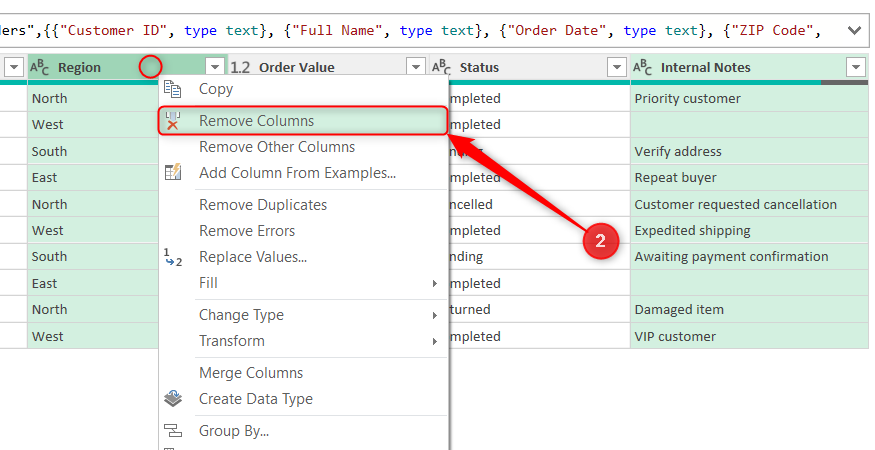 Remove Columns is selected in the right-click menu in Power Query Editor.
