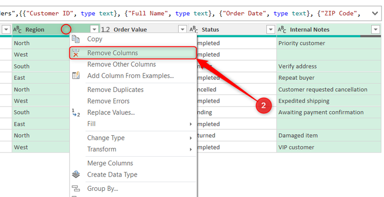 Remove Columns is selected in the right-click menu in Power Query Editor.