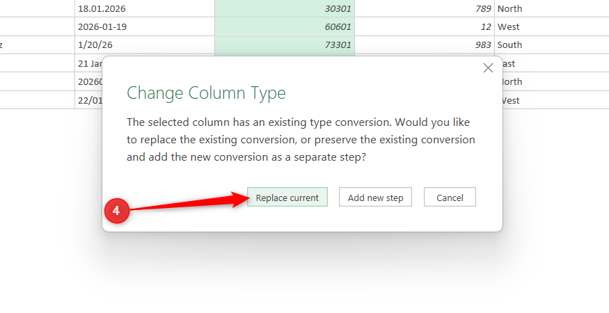 Replace Current is selected in Power Query's Change Column Type warning box.