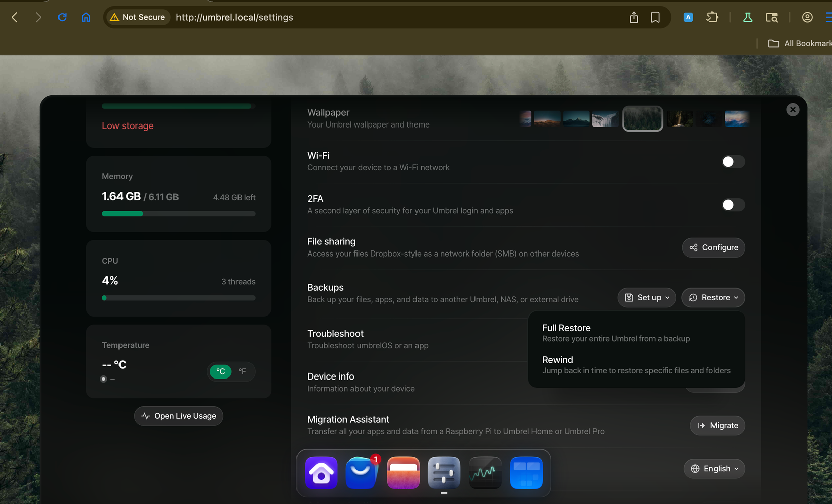 Restore using umbrelOS backups.