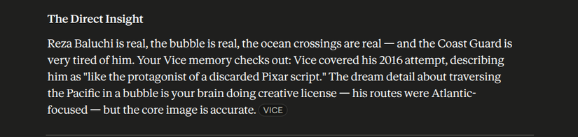 Claude confirming that Reza Baluchi and the bubble in which he rode through the Pacific ocean are real events.